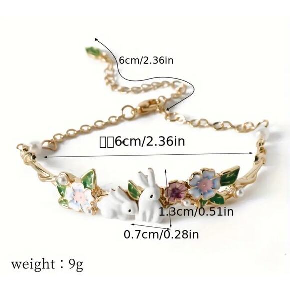 Curved Band Bracelet Bunnies in Flowers Gold Adjustable Chain NWT Cottagecore - Picture 5 of 6